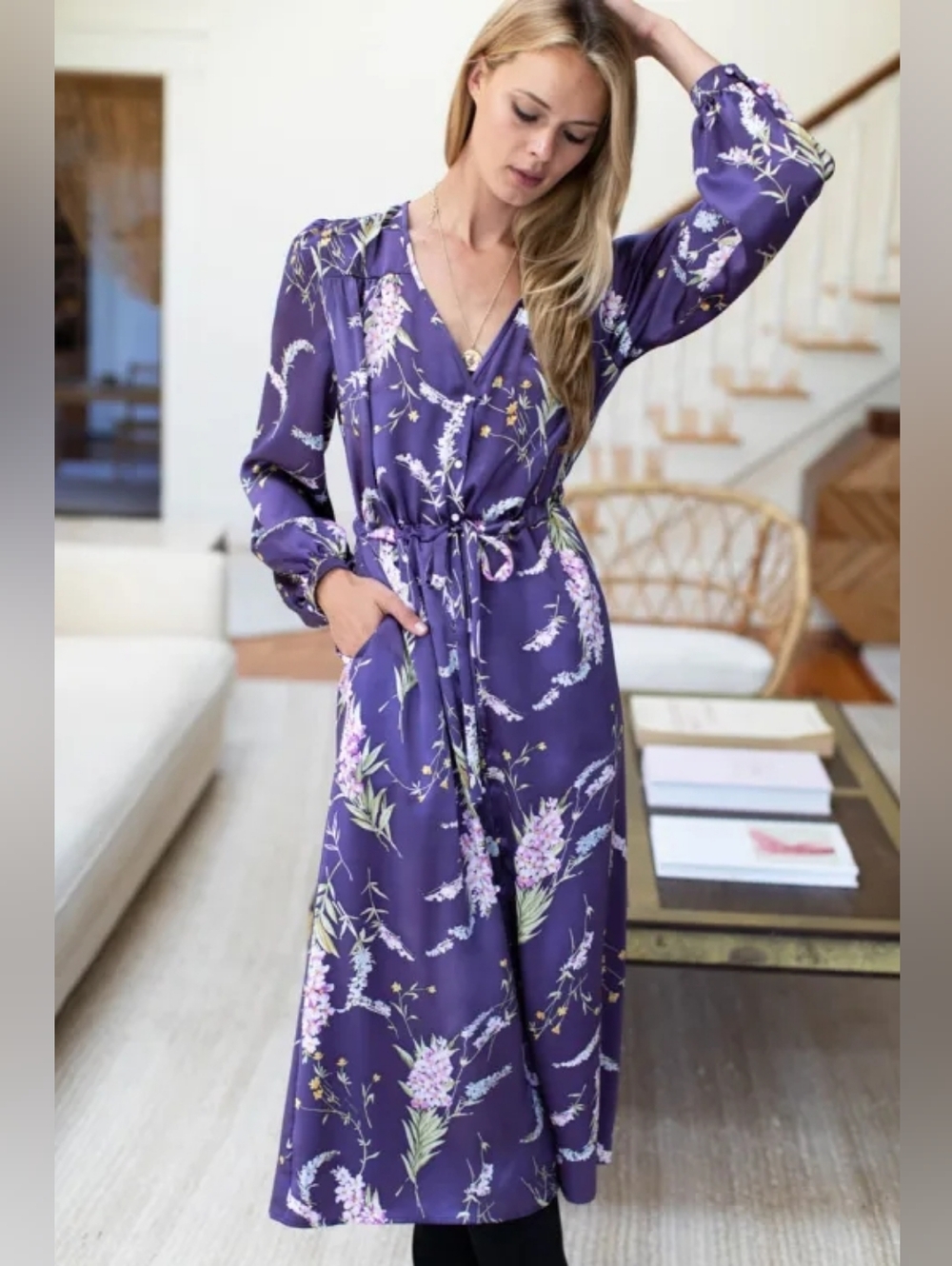 Emerson Fry Lavender Floral Silk Roses Dress